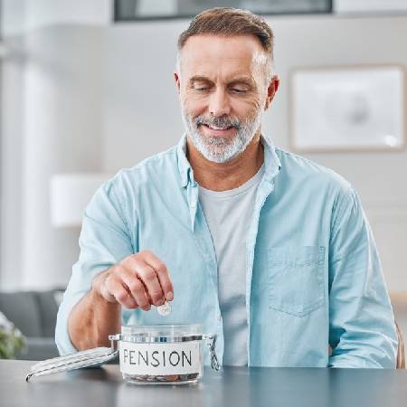 Man saving money into a pot labelled 'pension'